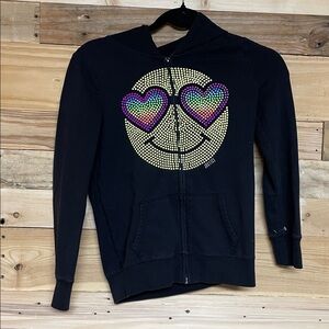 Justice size 10 Black Zip-Up Lightweight Hoodie with Colorful Smiley Face
